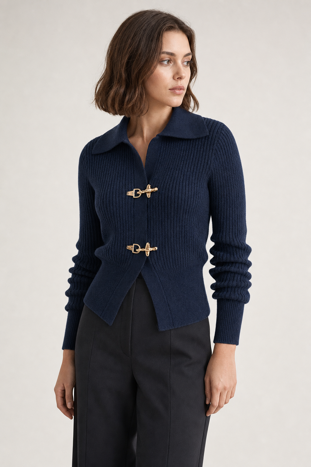 Ribbed knit cardigan spread collar metal clasp cropped, navy — second studio view