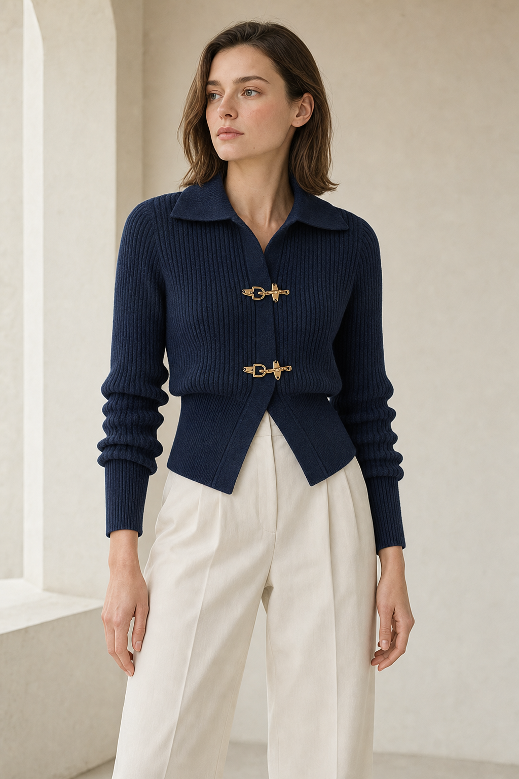 Ribbed knit cardigan spread collar metal clasp cropped, navy — worn, lifestyle setting