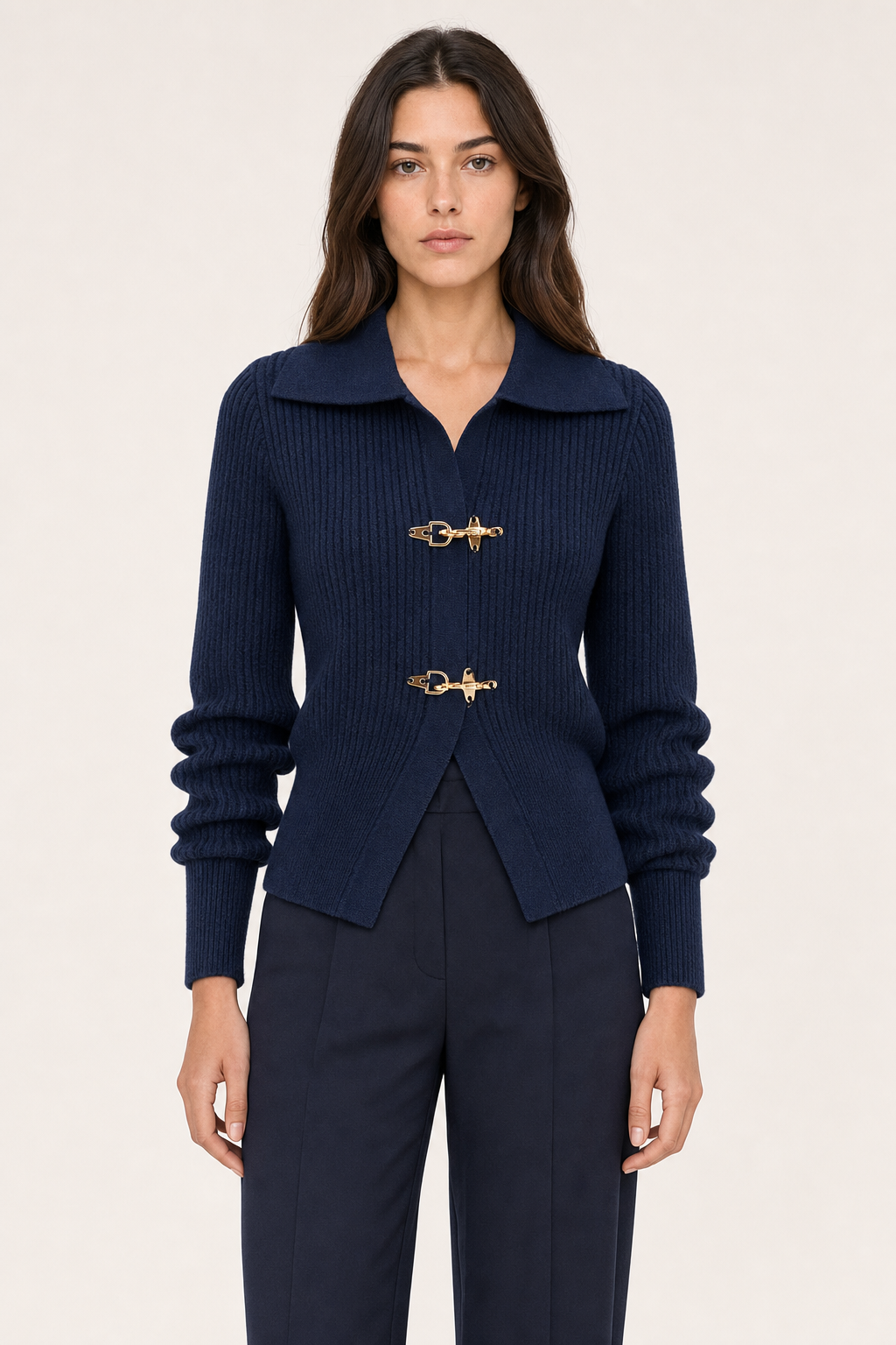 Ribbed knit cardigan spread collar metal clasp cropped, navy — front view