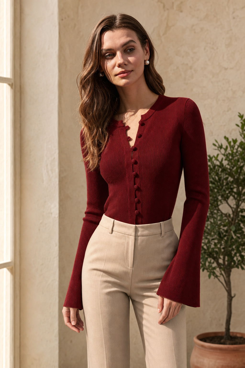 Ribbed knit top, brick red — worn, lifestyle setting