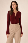 Ribbed knit top, brick red — front view