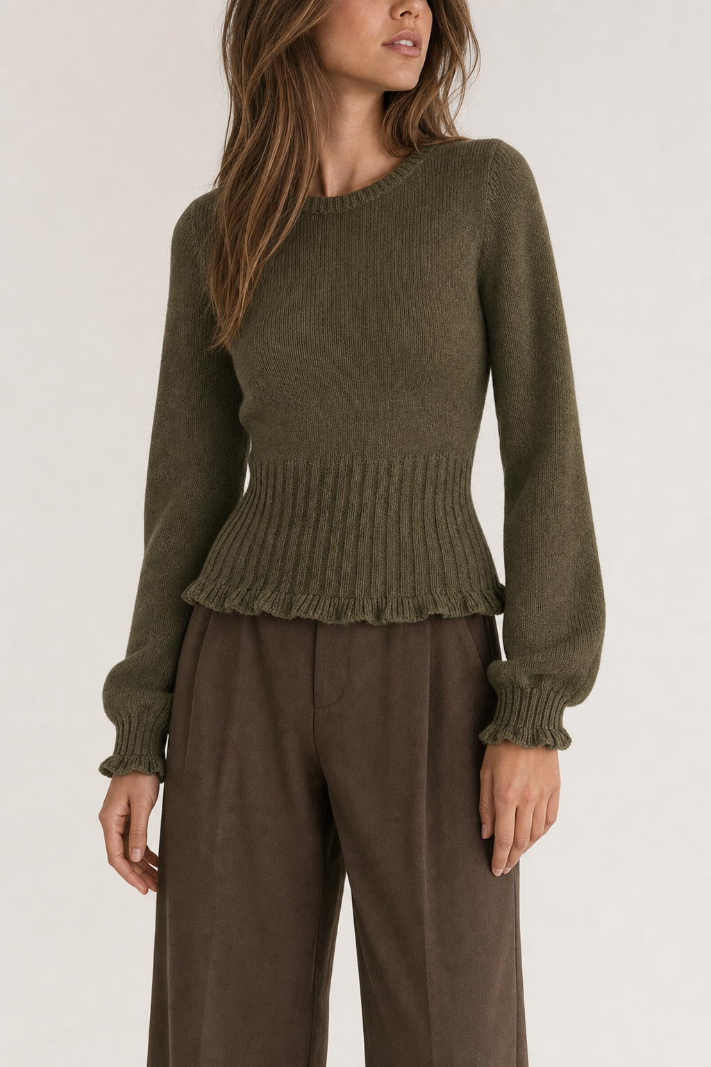 Knit jumper lantern sleeve frilled rib hem, green — second studio view