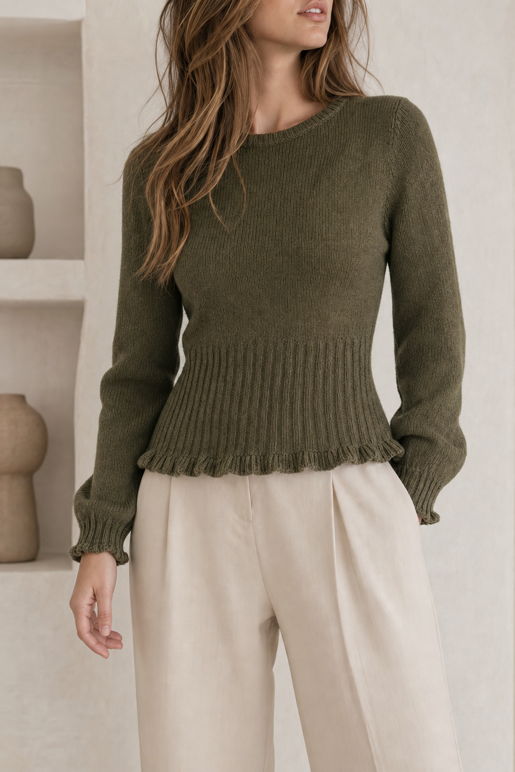Knit jumper lantern sleeve frilled rib hem, green — worn, lifestyle setting