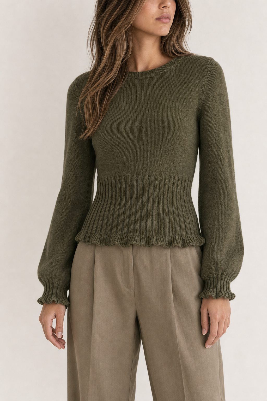 Knit jumper lantern sleeve frilled rib hem, green — front view