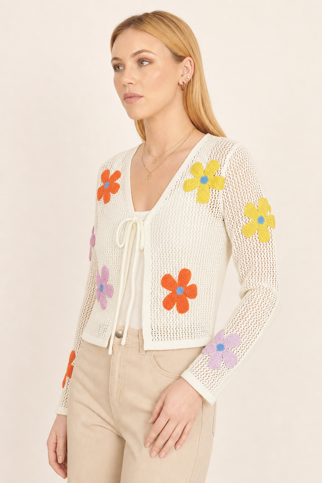 Crochet knit cardigan, flower applique, ivory — second studio view