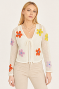Crochet knit cardigan, flower applique, ivory — front view