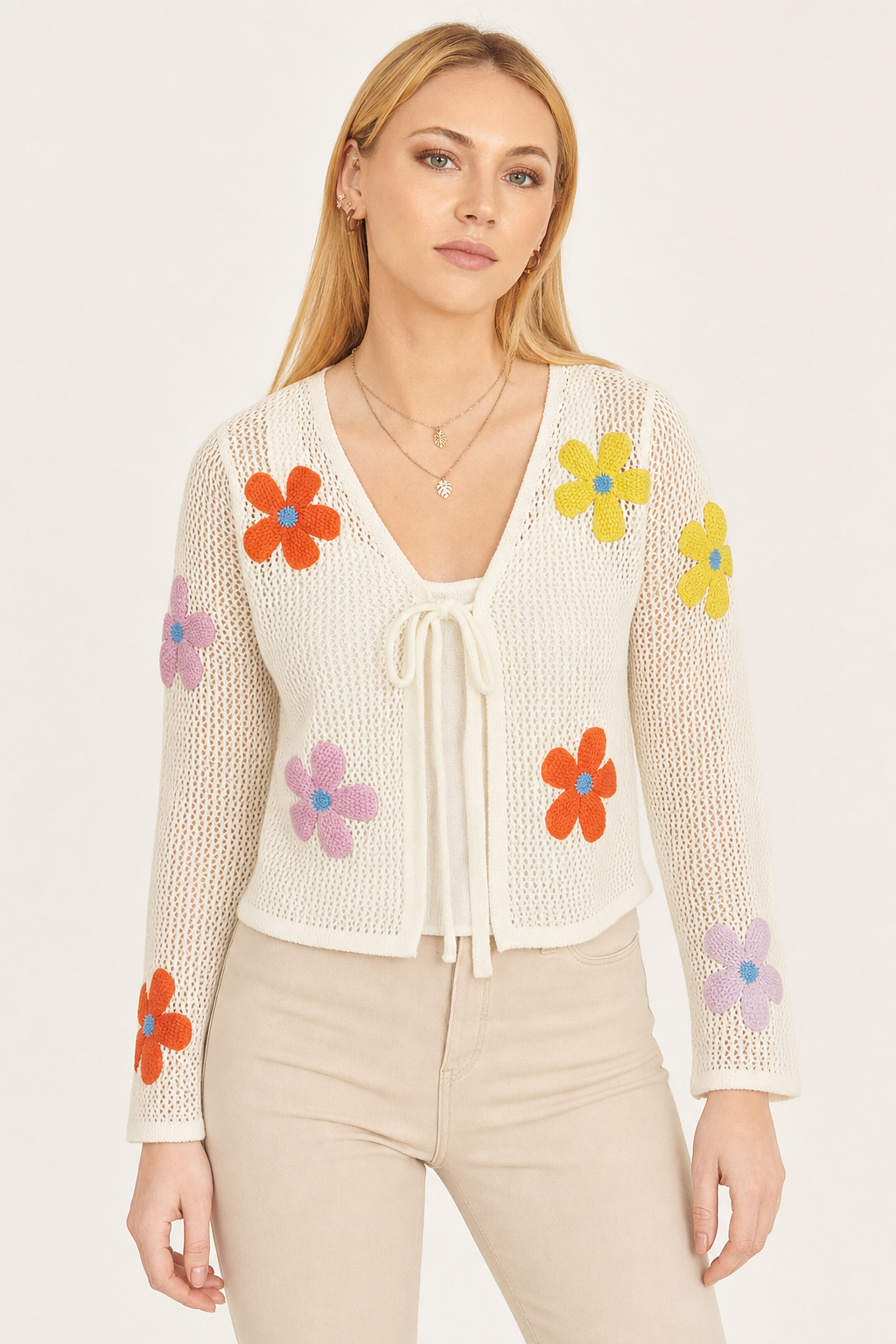 Crochet knit cardigan, flower applique, ivory — front view