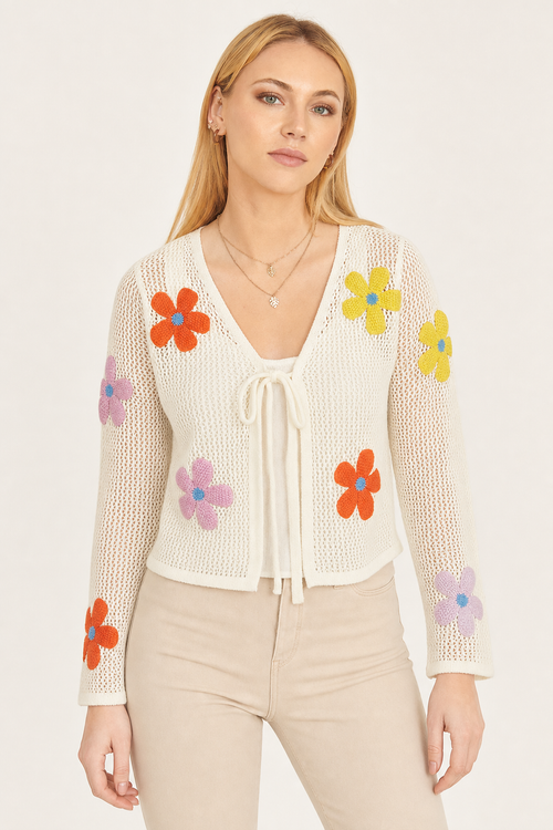 Crochet knit cardigan, flower applique, ivory — front view