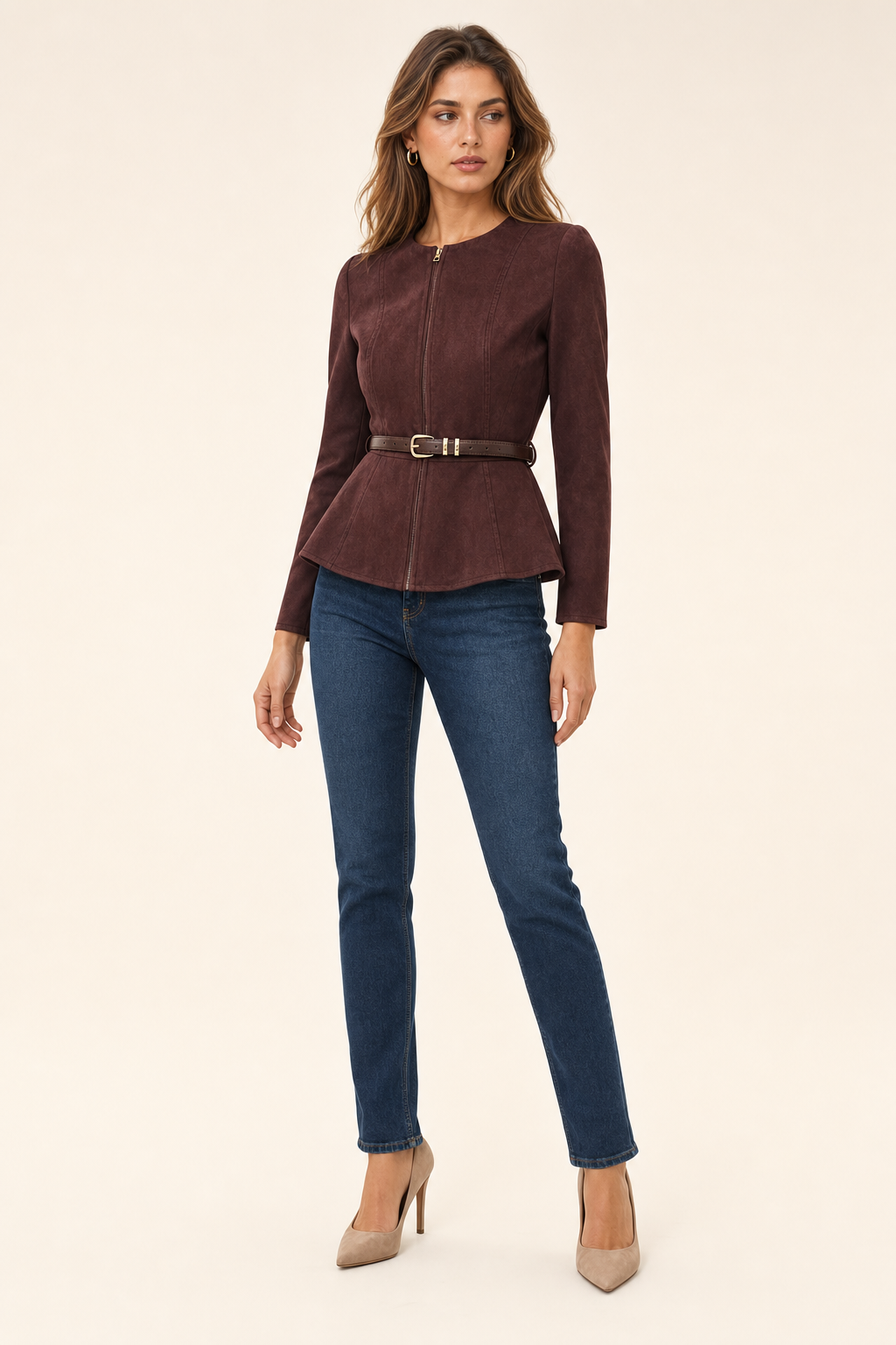 Faux suede belted peplum jacket, dark brown — with self belt, second studio view