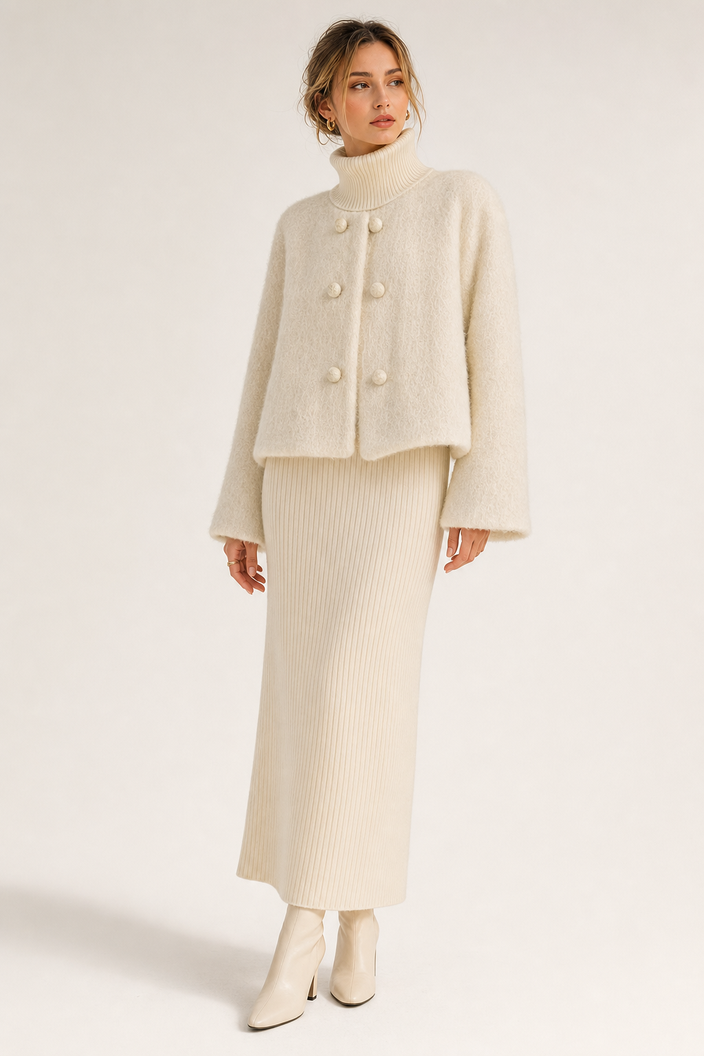 Fuzzy brushed short coat double-breasted round neck, cream — second studio view