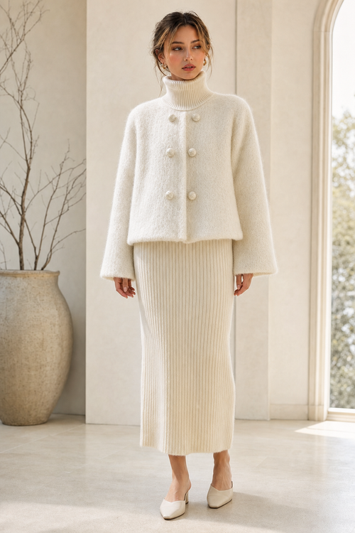 Fuzzy brushed short coat double-breasted round neck, cream — worn, lifestyle setting