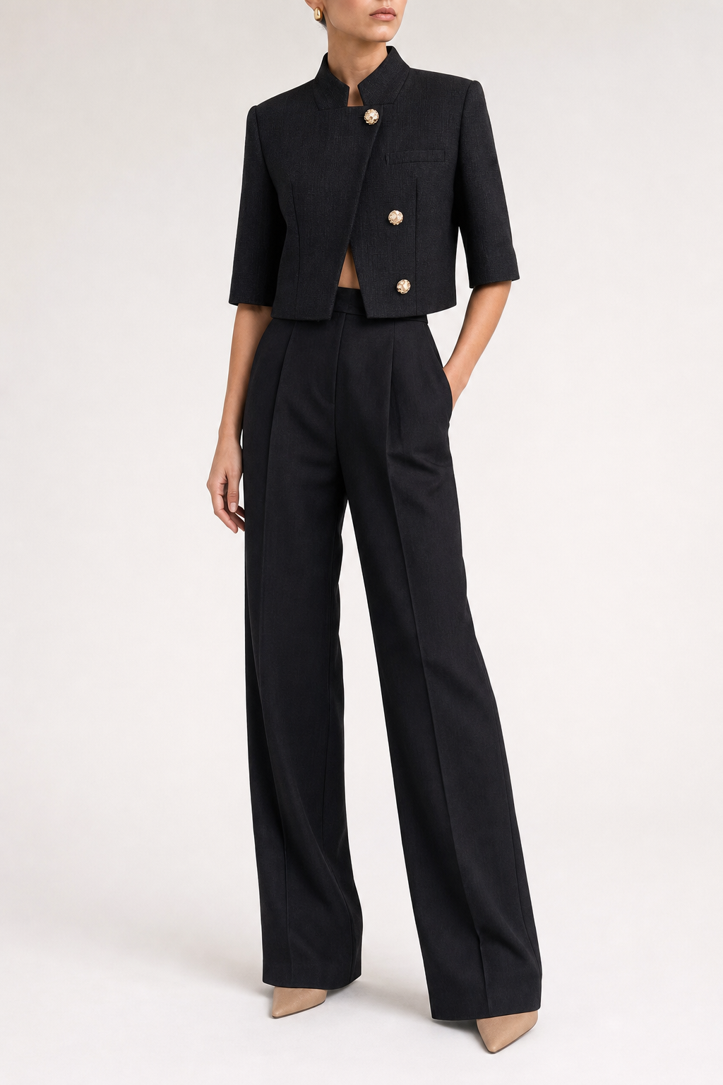 Textured woven blazer stand collar cropped half sleeve, black — second studio view