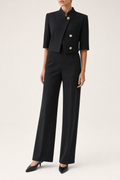 Textured woven blazer stand collar cropped half sleeve, black — front view
