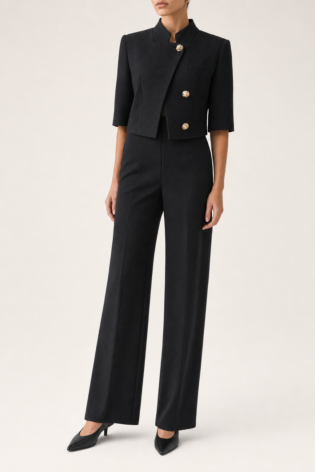 Textured woven blazer stand collar cropped half sleeve, black — front view