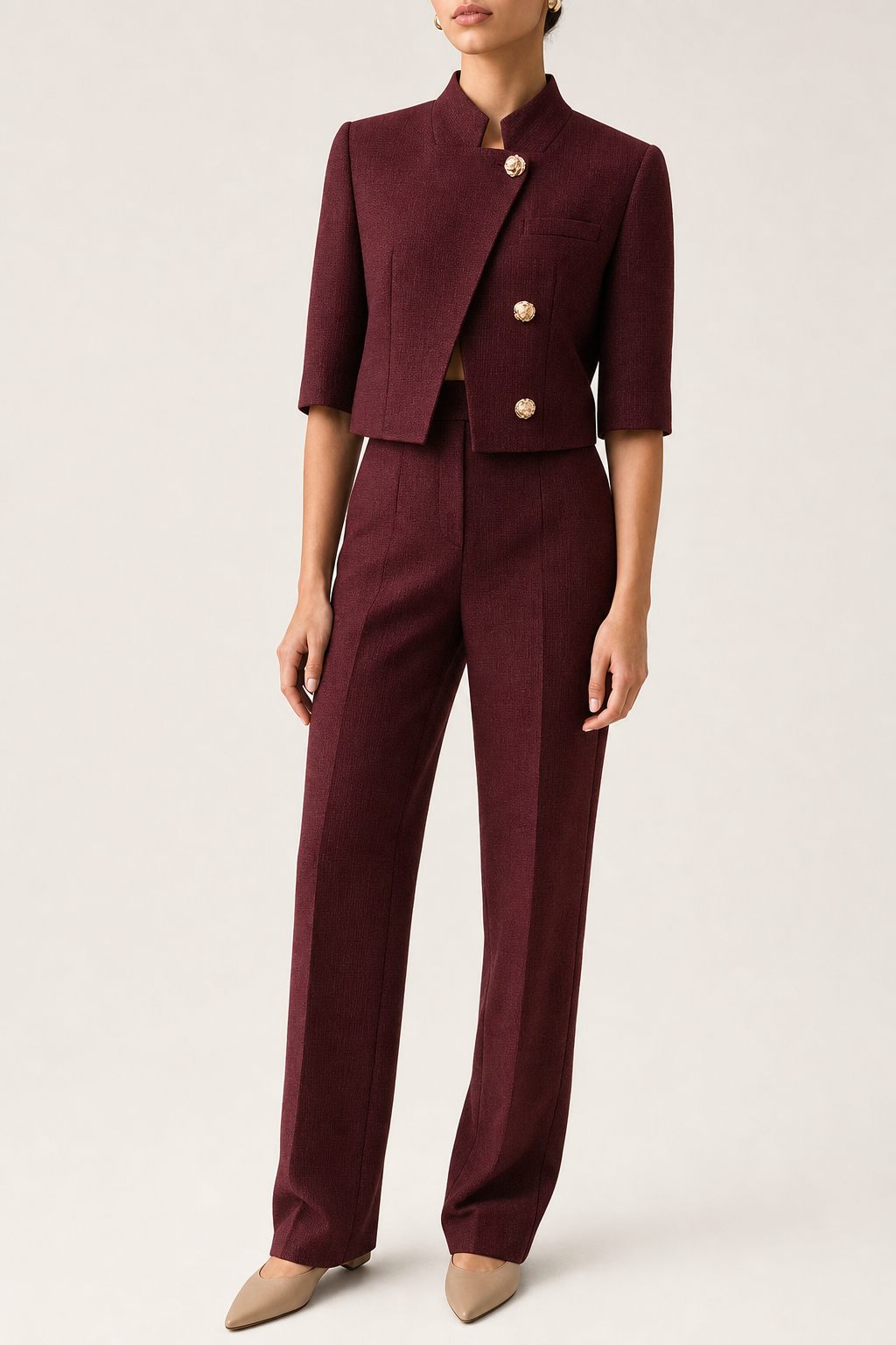 Textured woven blazer stand collar cropped half sleeve, burgundy — front view