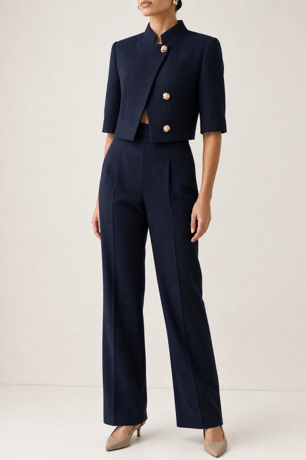 Textured woven blazer stand collar cropped half sleeve, navy — front view