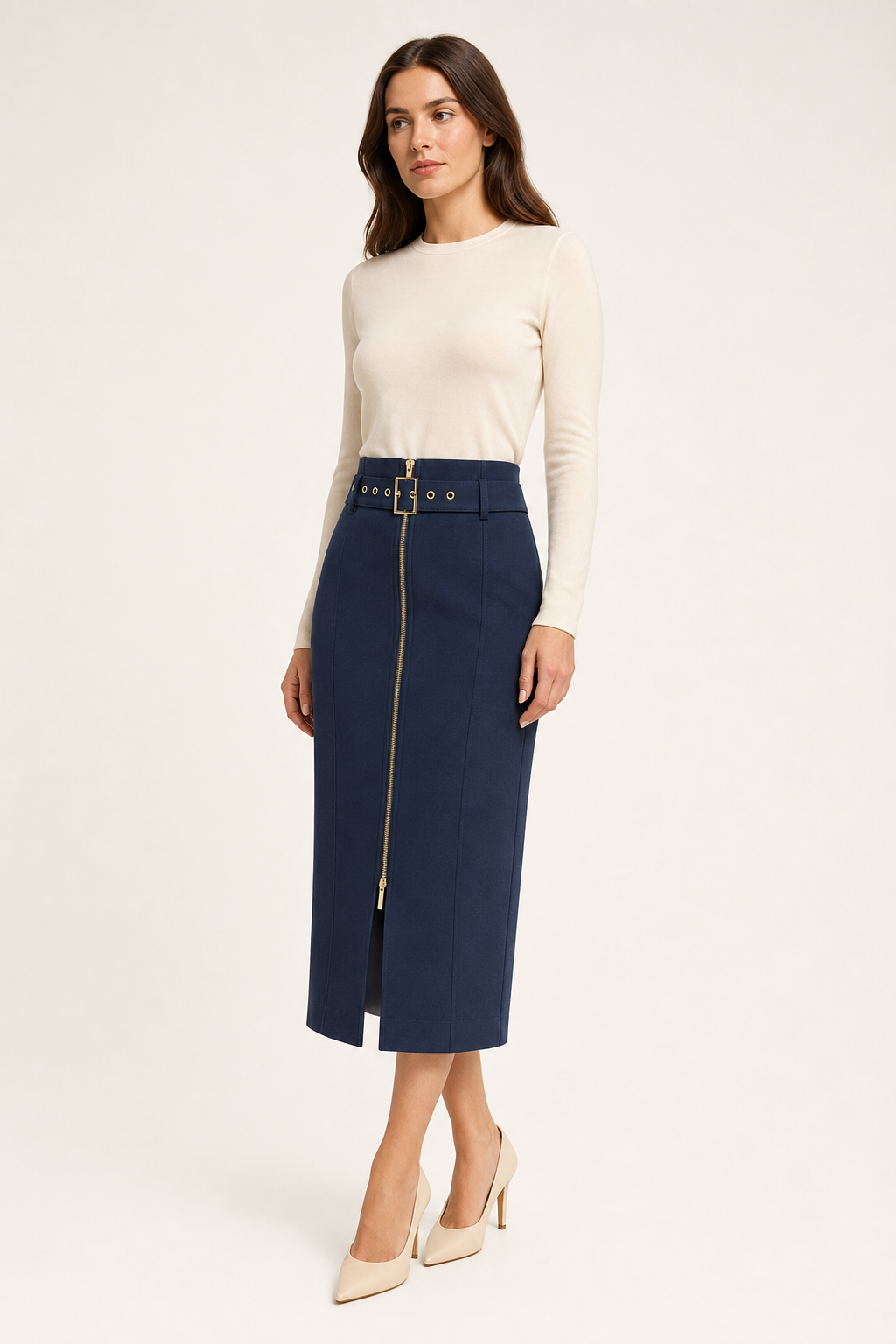 Twill midi skirt belted zip-front split, navy — second studio view