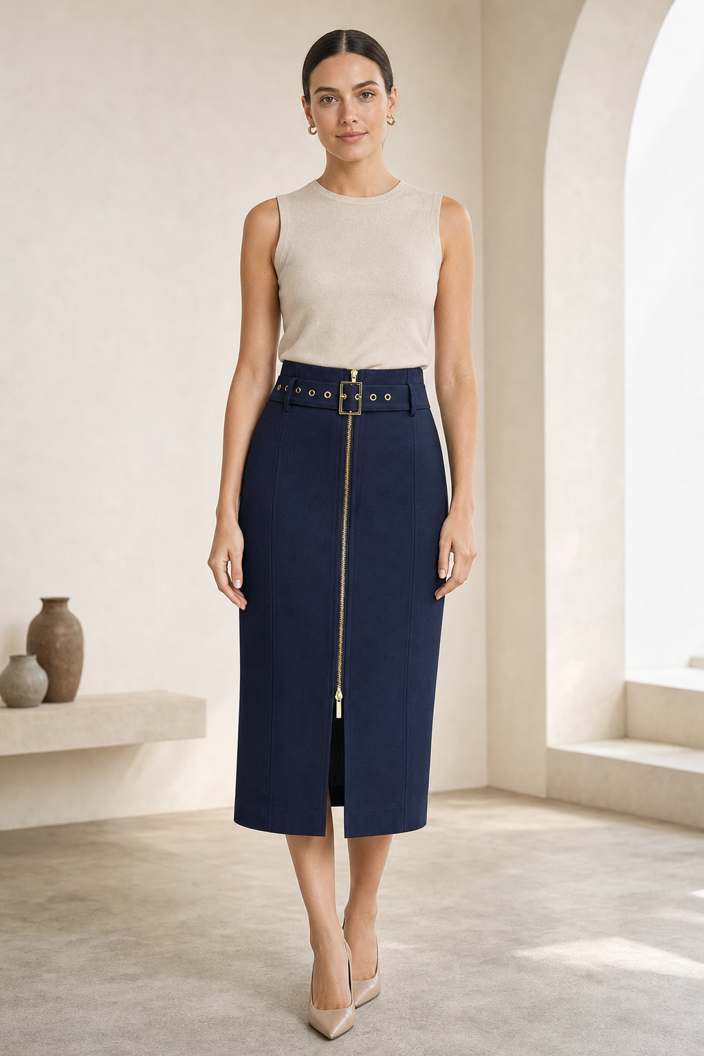 Twill midi skirt belted zip-front split, navy — worn, lifestyle setting