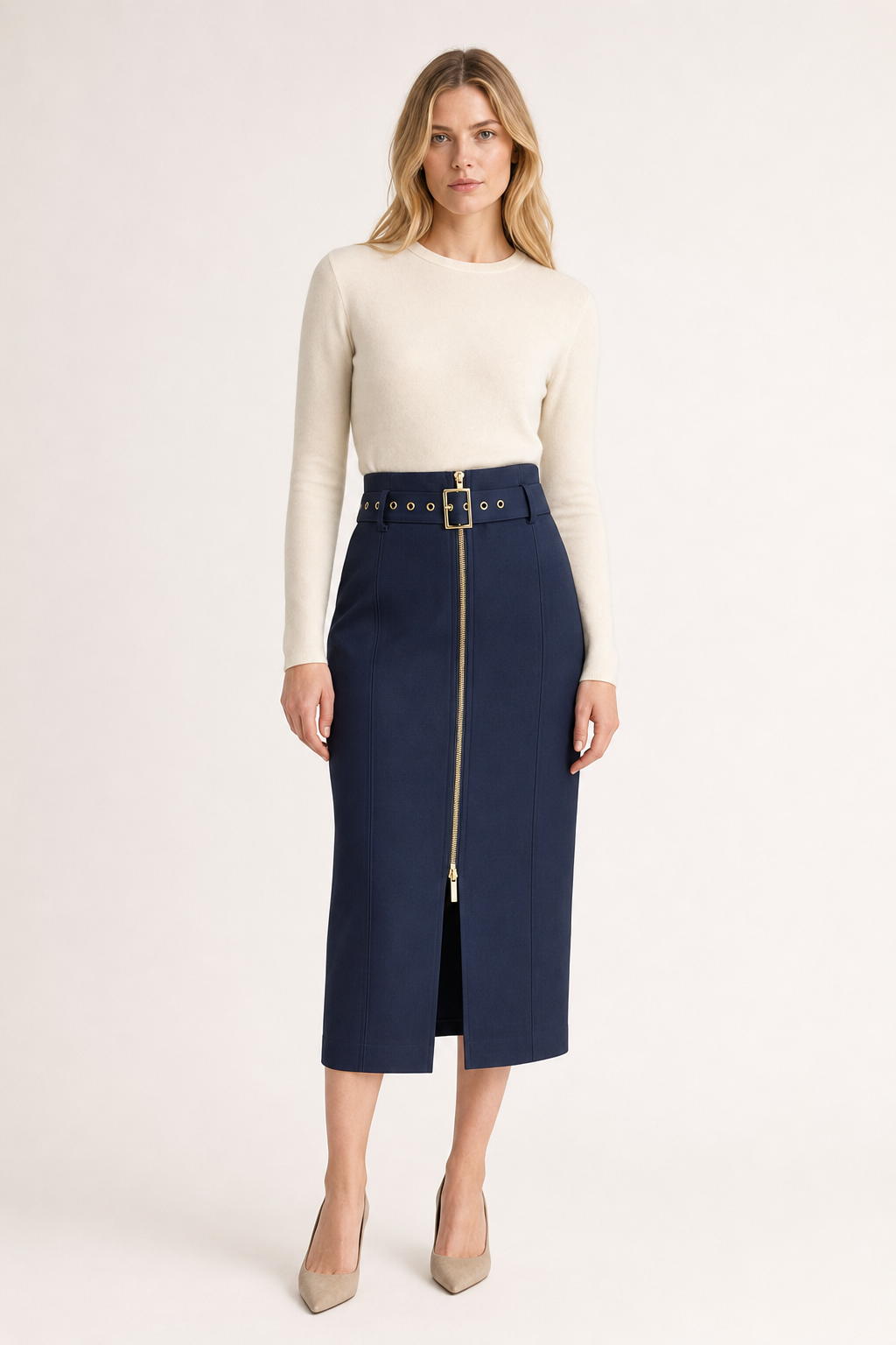 Twill midi skirt belted zip-front split, navy — front view
