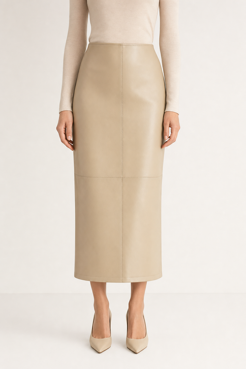 Faux leather midi skirt seamed panels back split, beige — front view