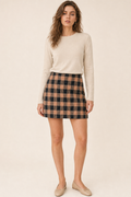 Plaid check mini skirt, elastic waist, brown — front view