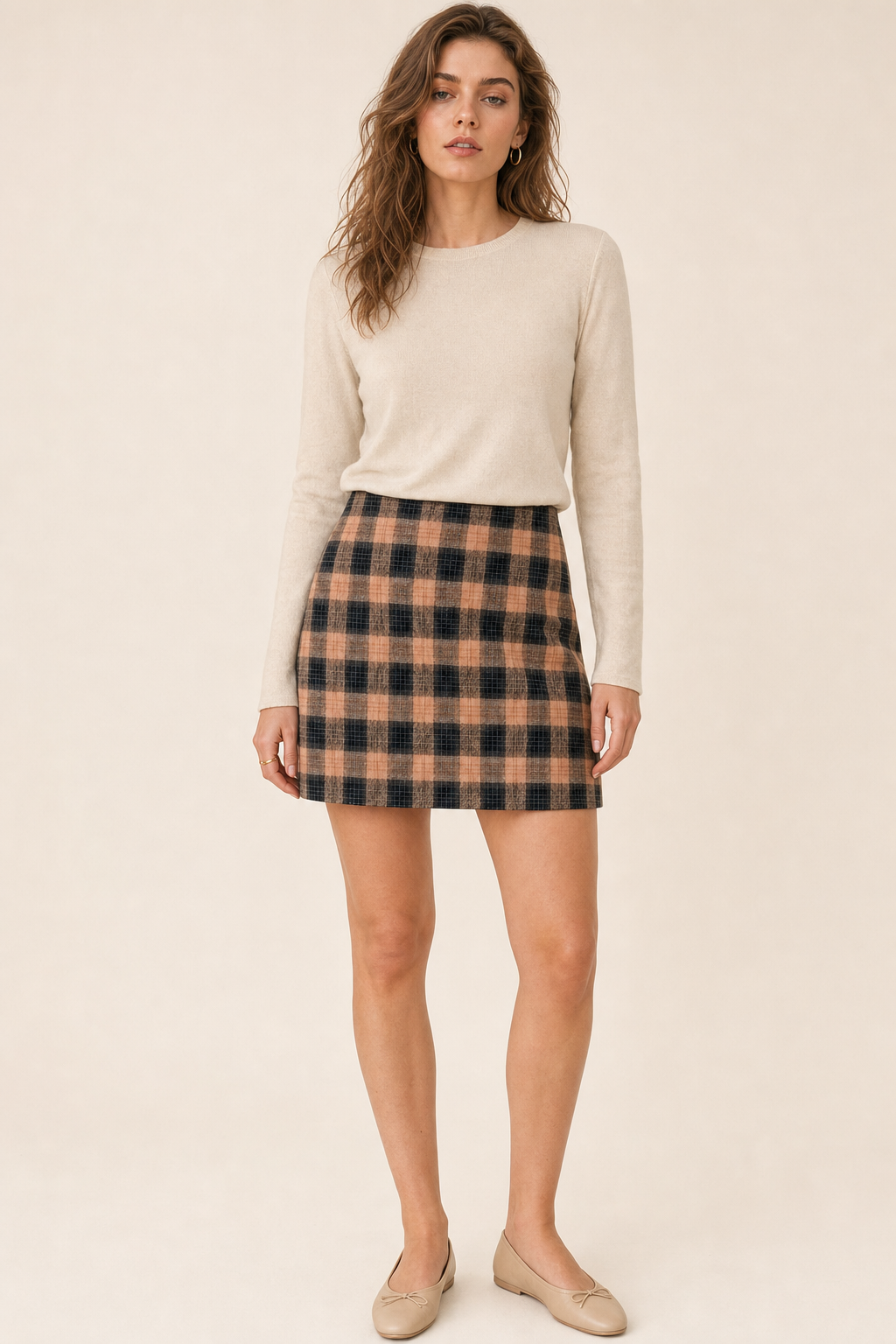 Plaid check mini skirt, elastic waist, brown — front view