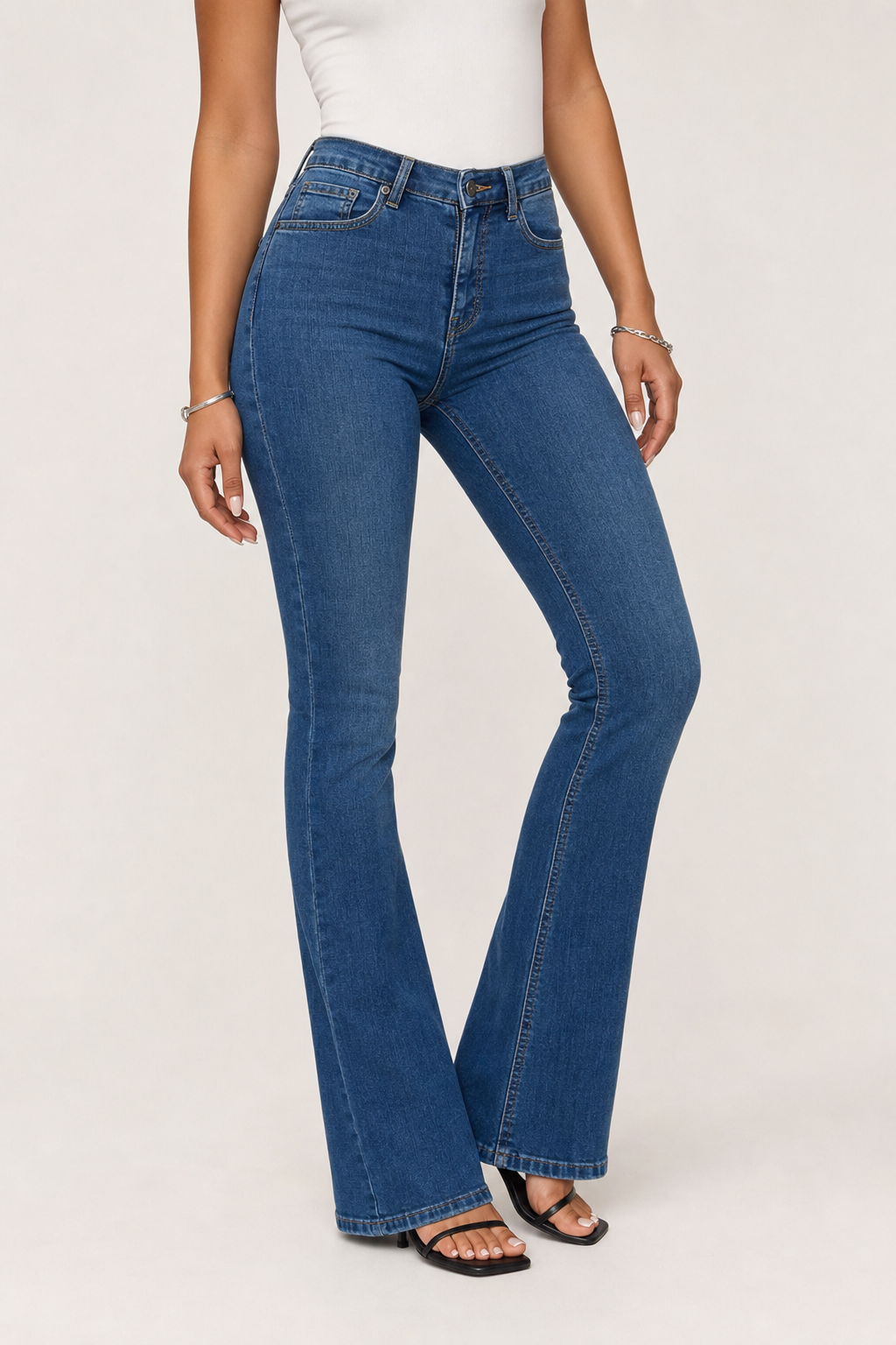 Denim flared jeans, mid blue — second studio view