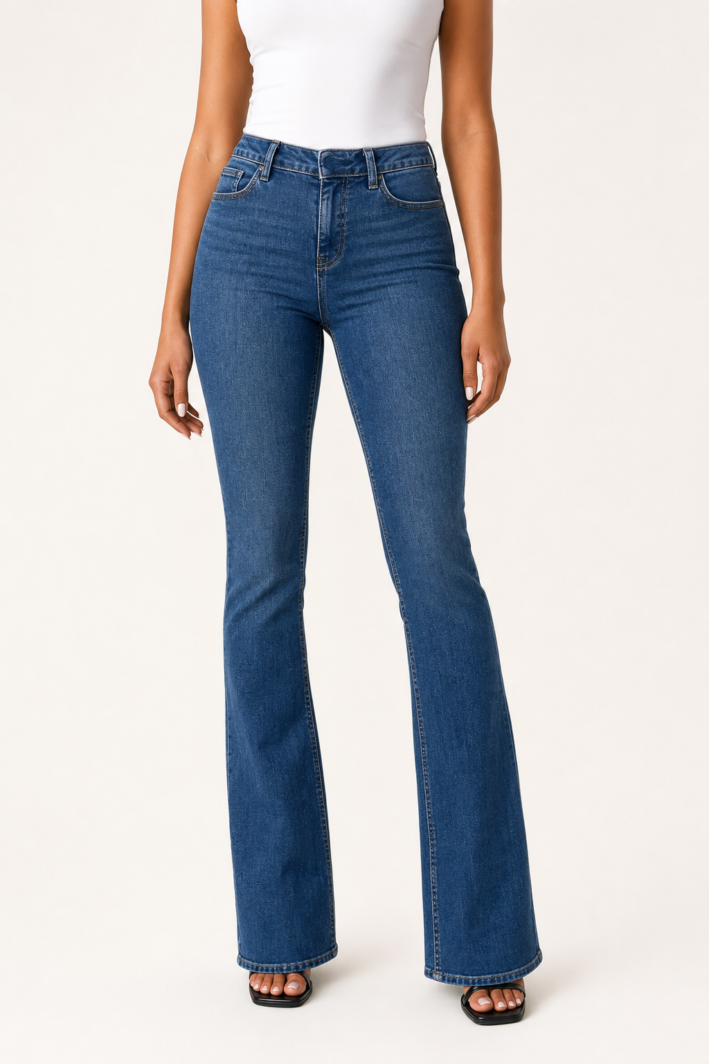 Denim flared jeans, mid blue — front view
