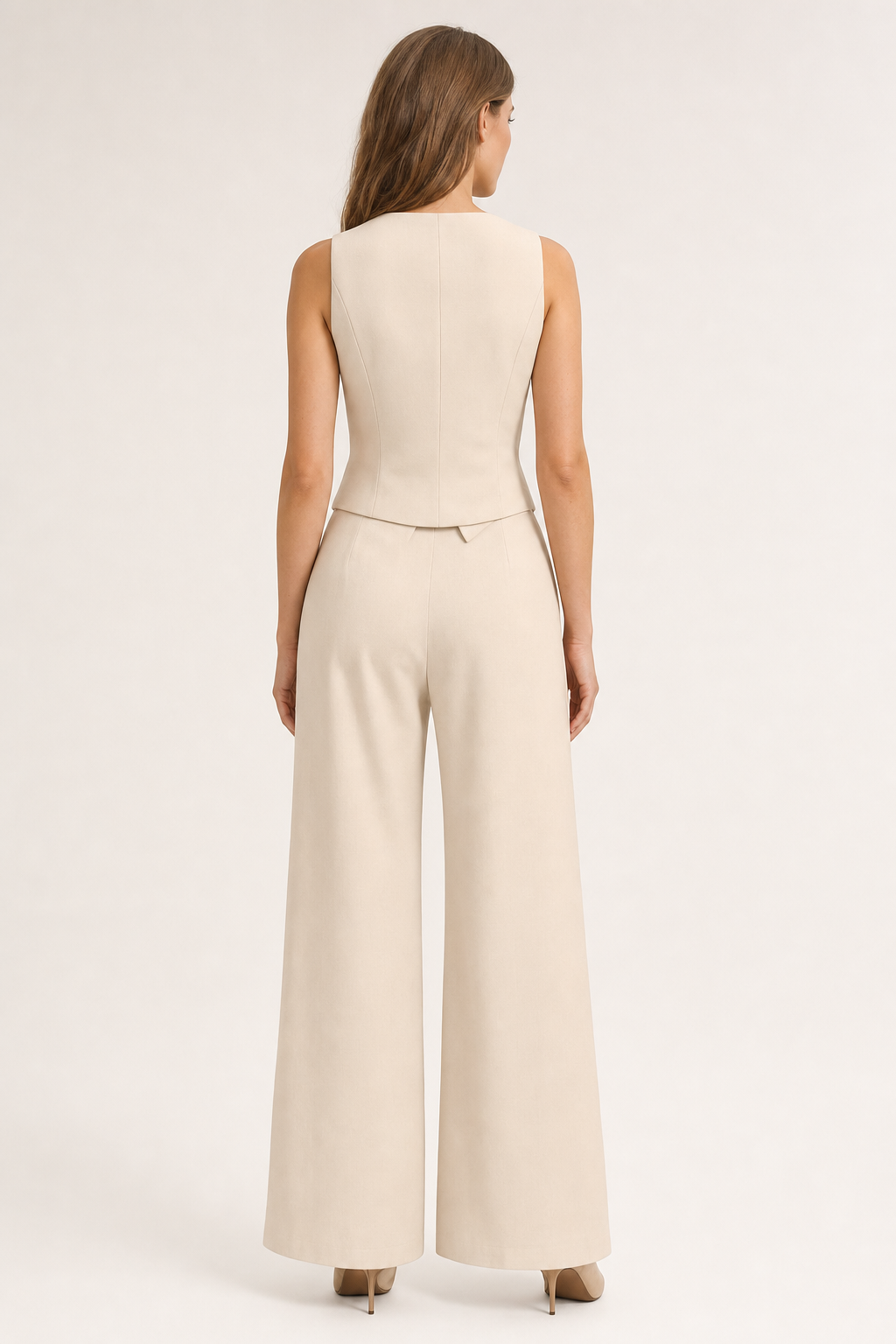 woven waistcoat and wide-leg trouser co-ord set v-neck button-front cropped tailored, beige — second studio view