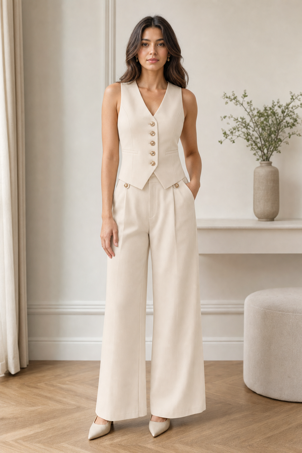 woven waistcoat and wide-leg trouser co-ord set v-neck button-front cropped tailored, beige — worn, lifestyle setting