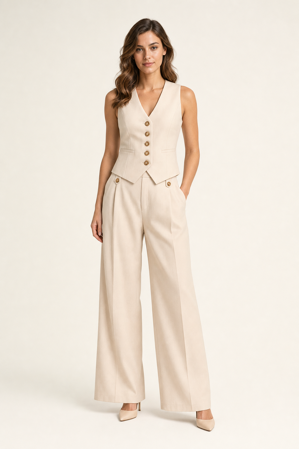 woven waistcoat and wide-leg trouser co-ord set v-neck button-front cropped tailored, beige — front view