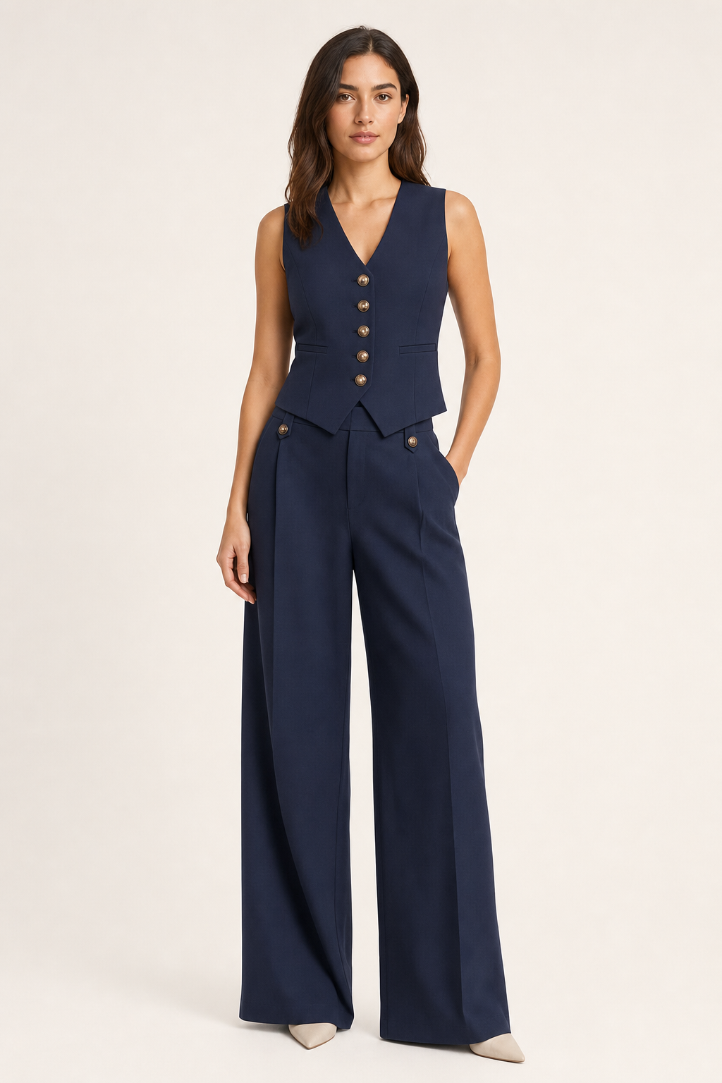 woven waistcoat and wide-leg trouser co-ord set v-neck button-front cropped tailored, navy — front view