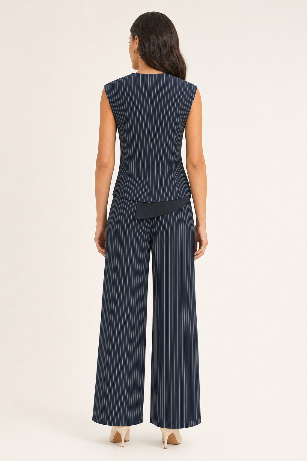 woven pinstripe wrap top and wide-leg trouser co-ord set sleeveless v-neck asymmetric hem, navy — second studio view