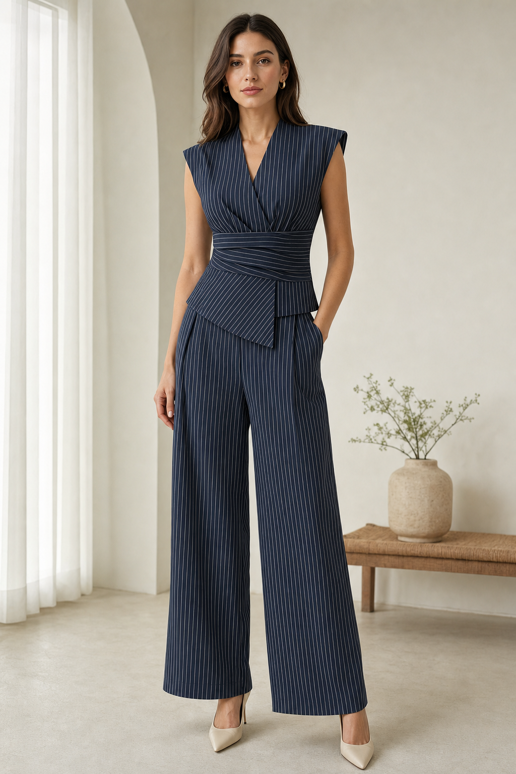 woven pinstripe wrap top and wide-leg trouser co-ord set sleeveless v-neck asymmetric hem, navy — worn, lifestyle setting