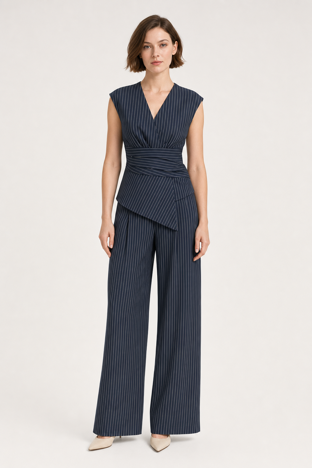 woven pinstripe wrap top and wide-leg trouser co-ord set sleeveless v-neck asymmetric hem, navy — front view