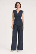 woven pinstripe wrap top and wide-leg trouser co-ord set sleeveless v-neck asymmetric hem, navy — front view