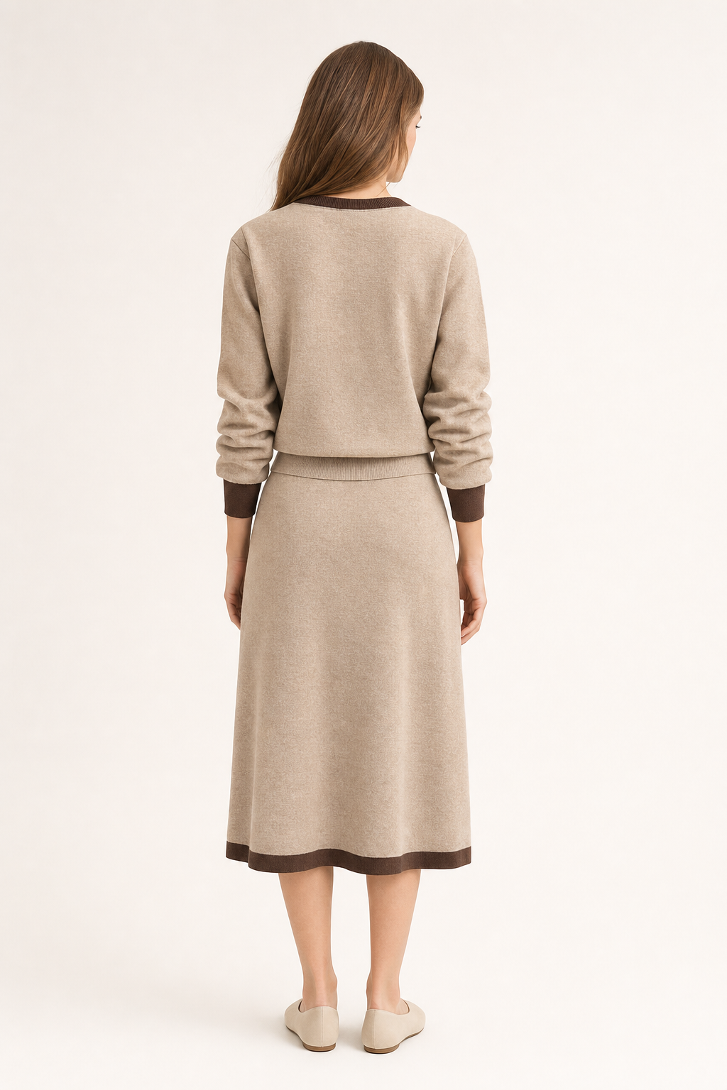 knit v-neck top and midi skirt co-ord set contrast trim button-front patch pocket, camel — second studio view