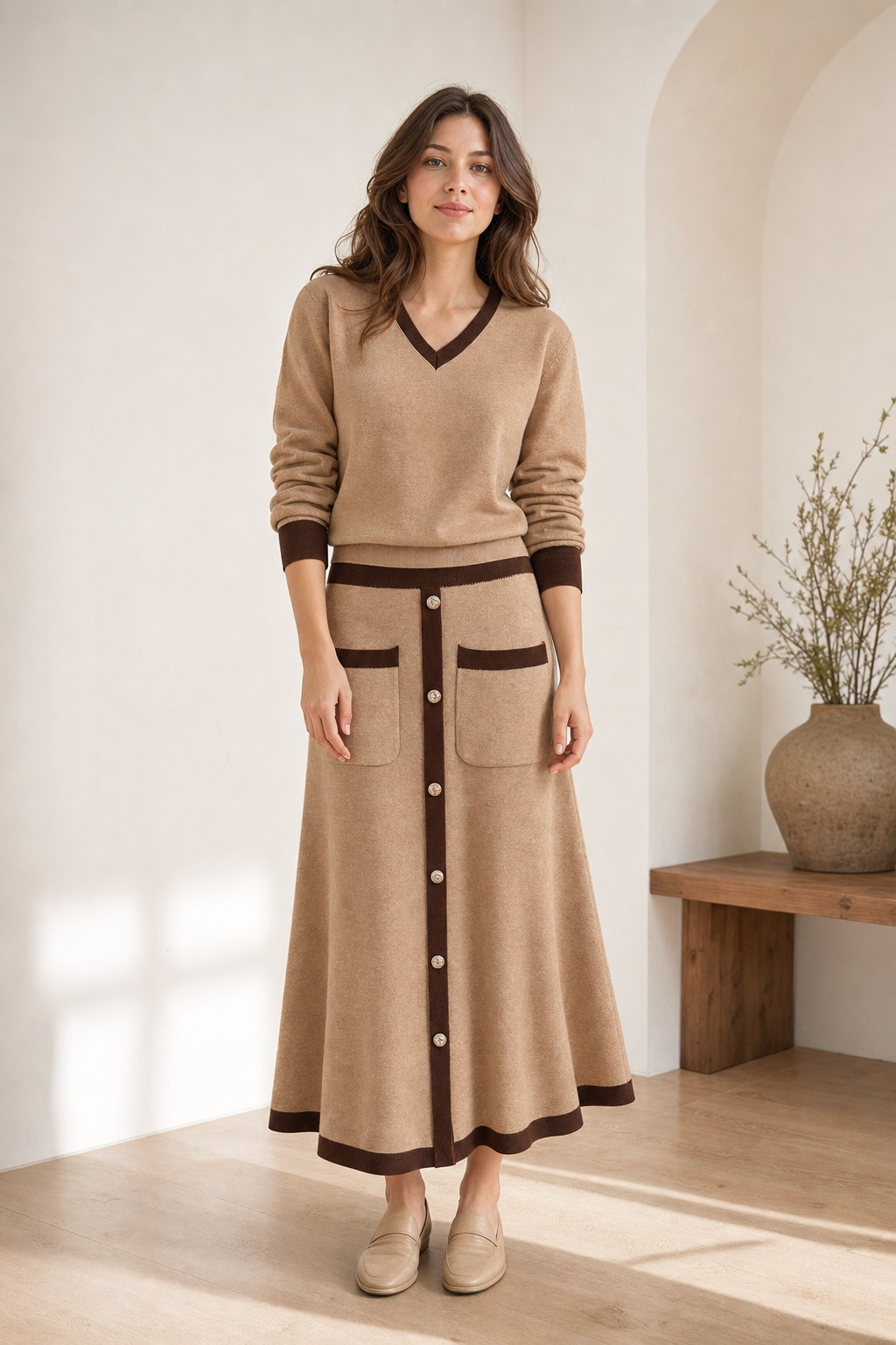 knit v-neck top and midi skirt co-ord set contrast trim button-front patch pocket, camel — worn, lifestyle setting
