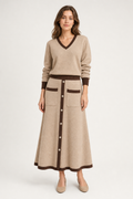 knit v-neck top and midi skirt co-ord set contrast trim button-front patch pocket, camel — front view