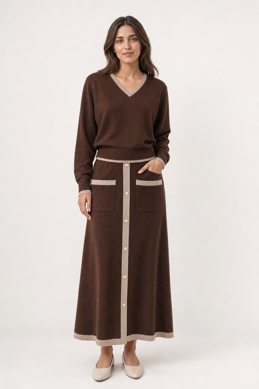 knit v-neck top and midi skirt co-ord set contrast trim button-front patch pocket, dark brown — front view