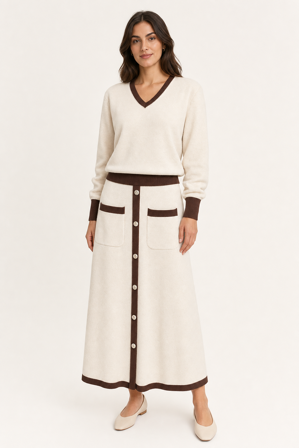 knit v-neck top and midi skirt co-ord set contrast trim button-front patch pocket, off white — front view