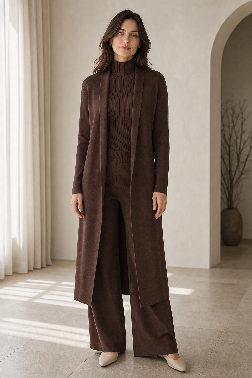 knit three-piece co-ord set sleeveless turtleneck top, longline cardigan and wide-leg trousers, dark brown — worn, lifestyle setting
