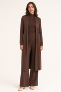 knit three-piece co-ord set sleeveless turtleneck top, longline cardigan and wide-leg trousers, dark brown — front view