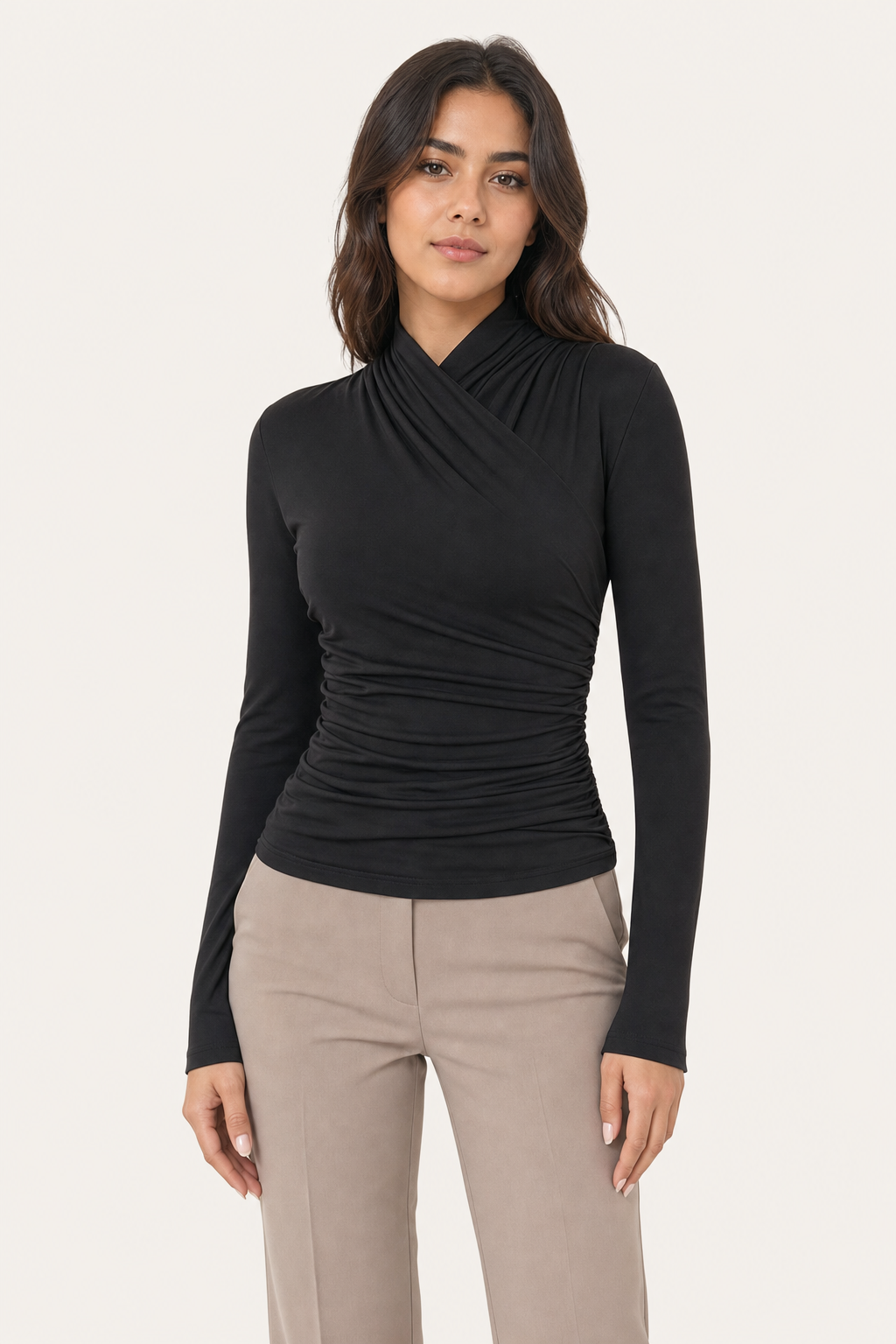 jersey cross-over collar long sleeve top ruched fitted, black — front view