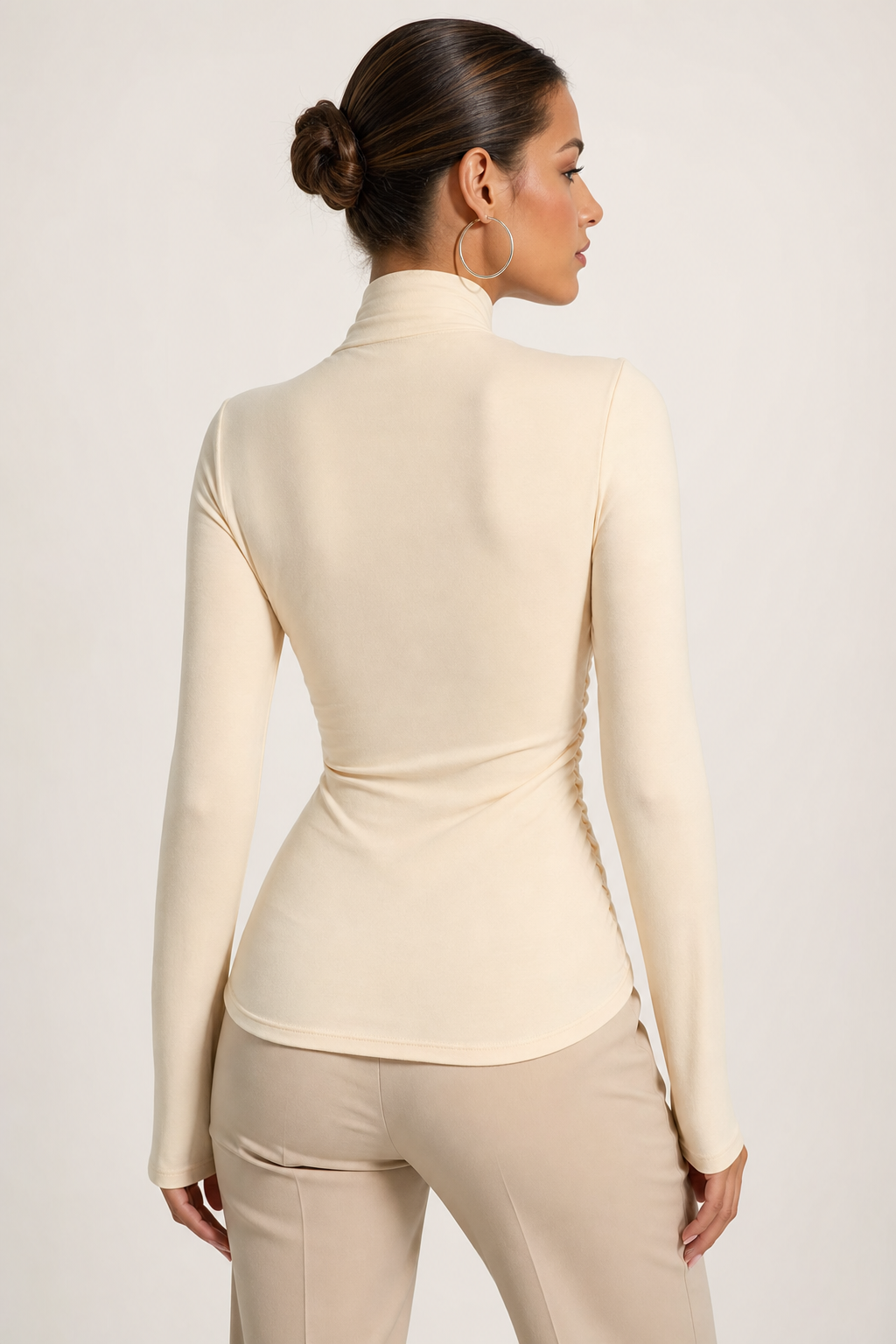jersey cross-over collar long sleeve top ruched fitted, cream — second studio view