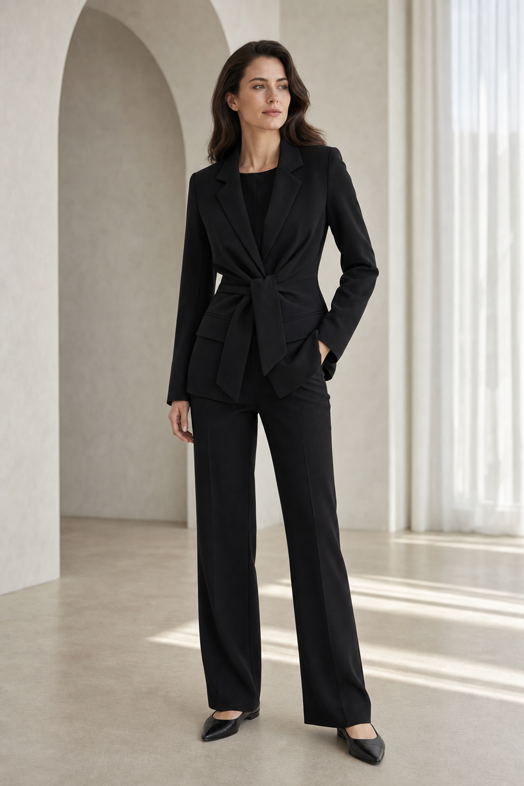 woven tailored blazer tie-waist notch lapel flap pocket, black — worn, lifestyle setting