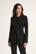 woven tailored blazer tie-waist notch lapel flap pocket, black — front view