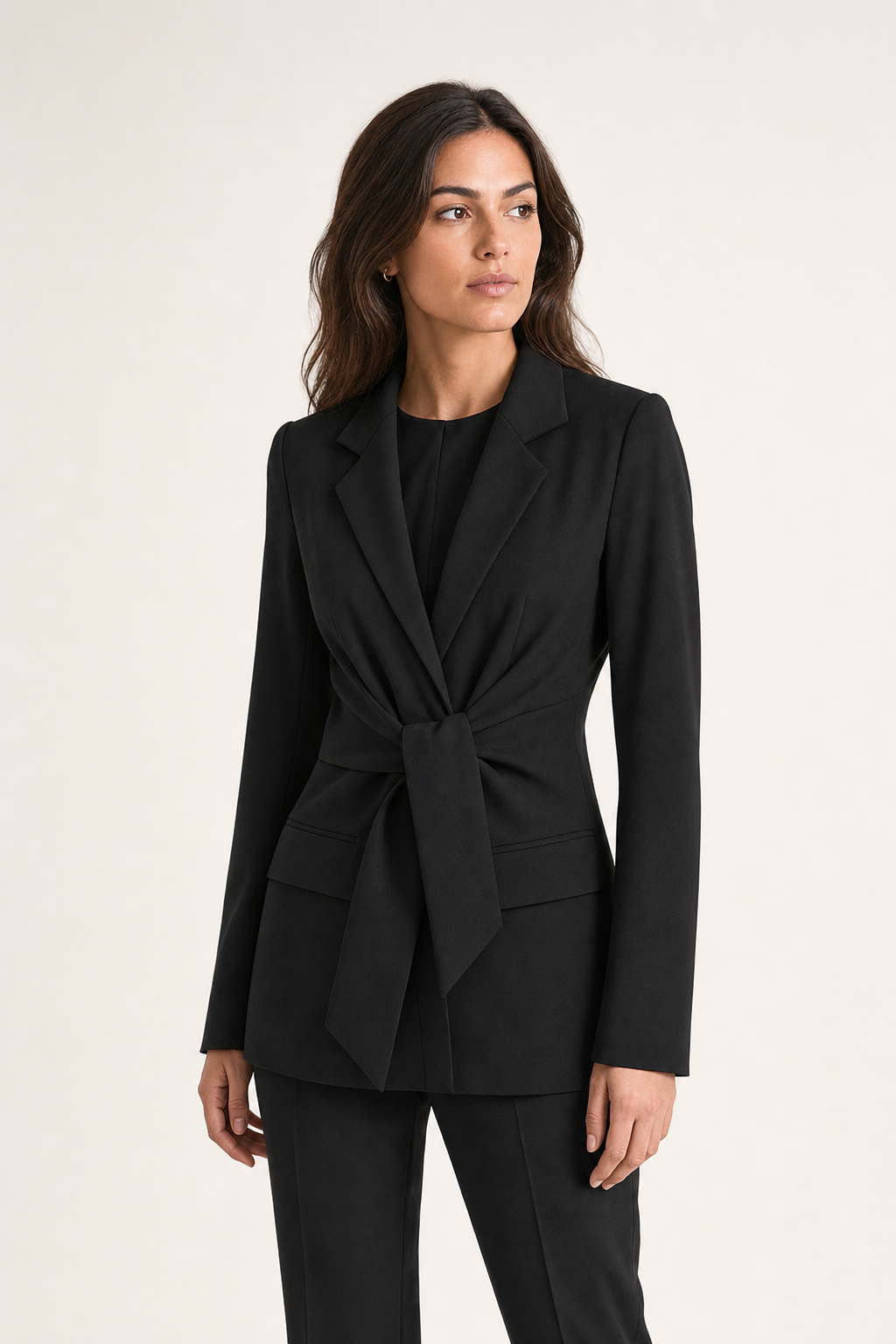 woven tailored blazer tie-waist notch lapel flap pocket, black — front view