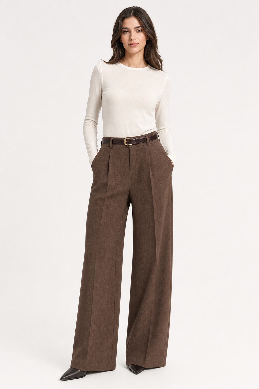 woven tailored wide leg trousers pleated belted, brown — front view