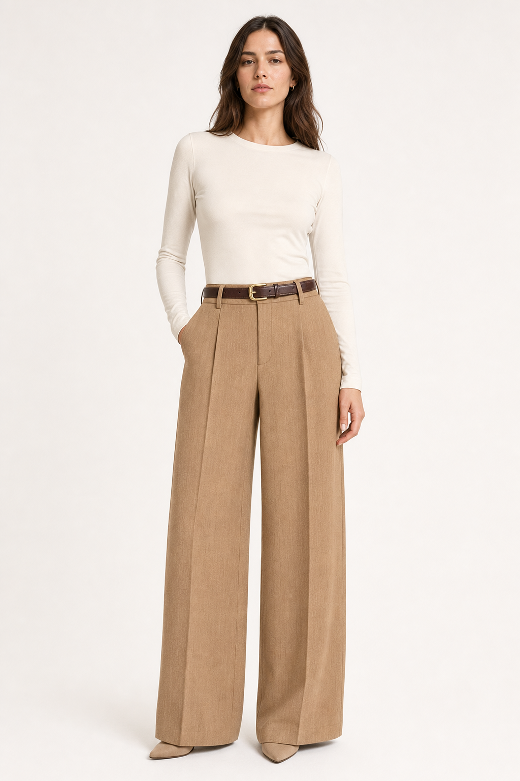 woven tailored wide leg trousers pleated belted, camel — front view